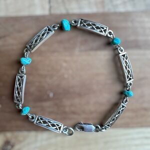VTG JMH Ireland Celtic Link Bracelet 7 Inch Turquoise Beads 925 Sterling 7.4g
